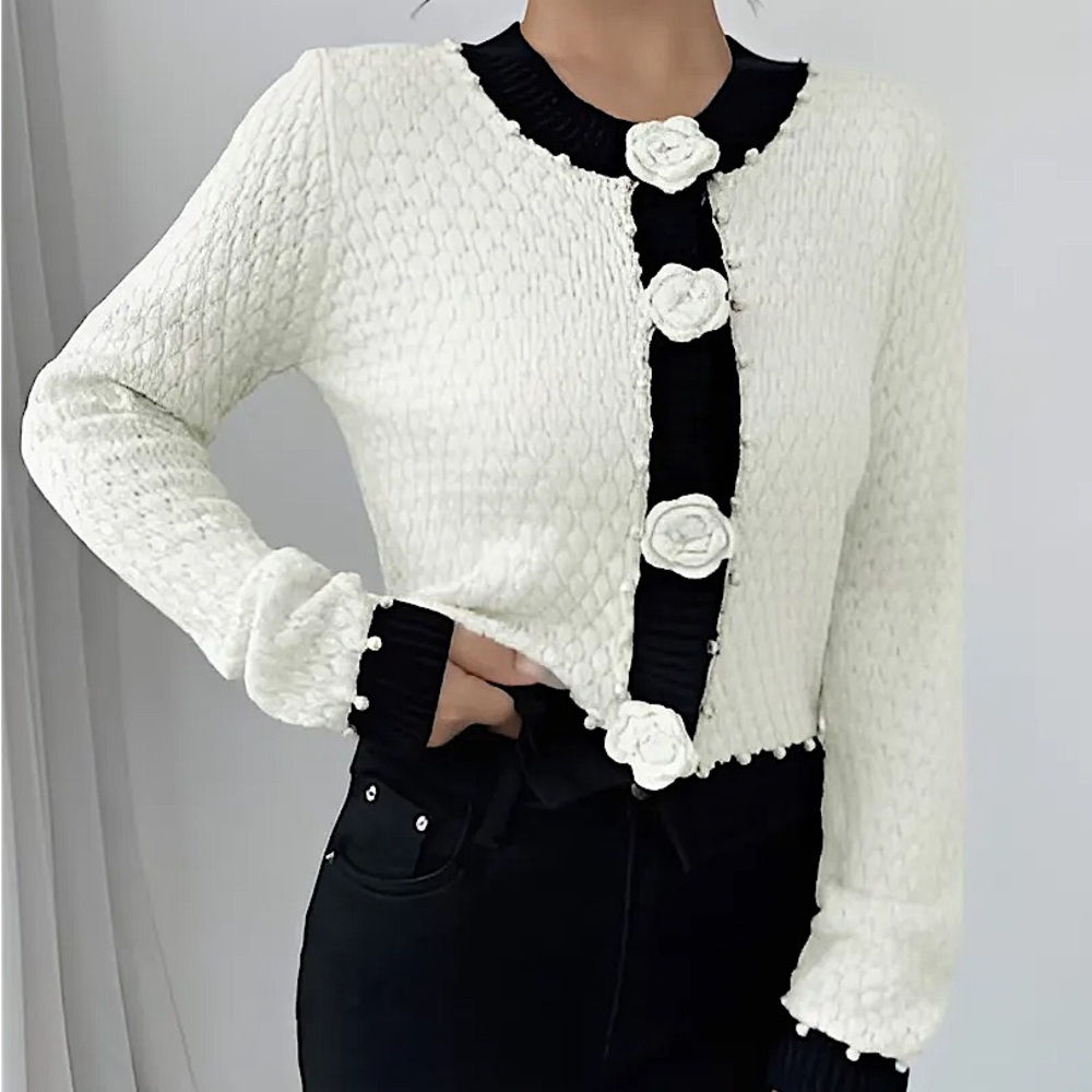 Elegant White Cardigan with Black Accents